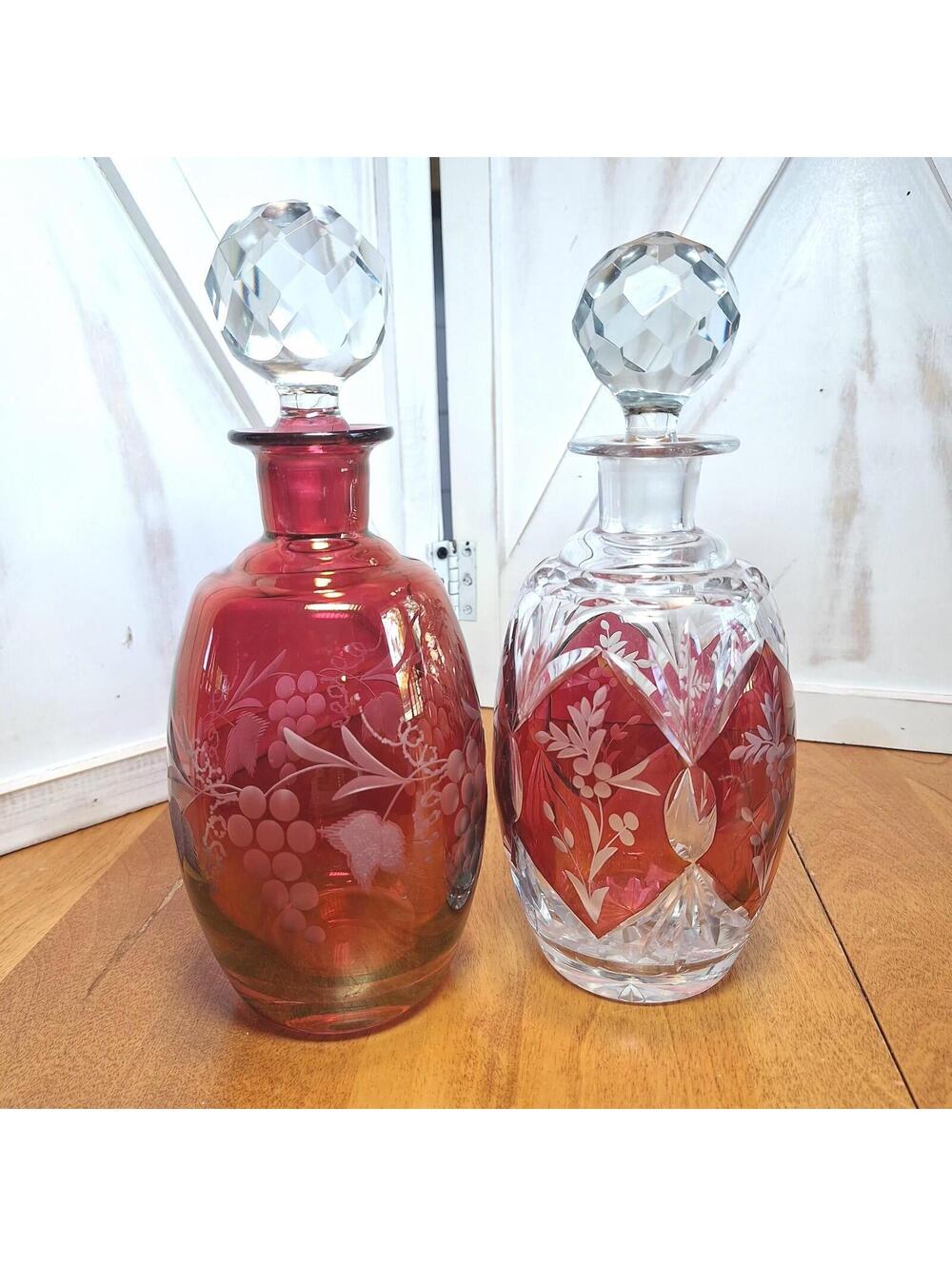2 Cut Glass 9.5"H Cologne Bottle Decanters w/Stoppers Cranberry Cut-to-Clear